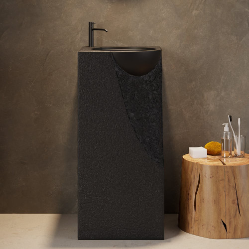 HMR 34" Tall Japandi Stone Resin Pedestal Bathroom Sink Farmhouse Freestanding Sink - Black