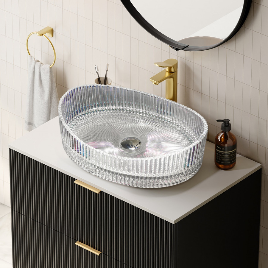 HMR - 25" Crystal Glass Vessel Sink Oval Transparent Fluted Washbasin