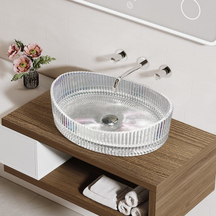 HMR - 25" Crystal Glass Vessel Sink Oval Transparent Fluted Washbasin