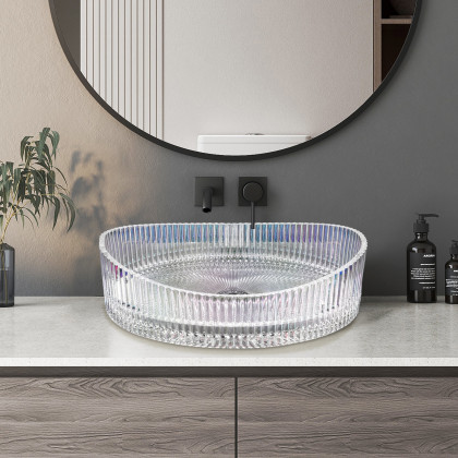 HMR - 25" Crystal Glass Vessel Sink Oval Transparent Fluted Washbasin