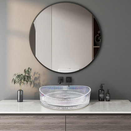 HMR - 25" Crystal Glass Vessel Sink Oval Transparent Fluted Washbasin
