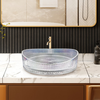 HMR - 25" Crystal Glass Vessel Sink Oval Transparent Fluted Washbasin