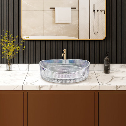 HMR - 25" Crystal Glass Vessel Sink Oval Transparent Fluted Washbasin