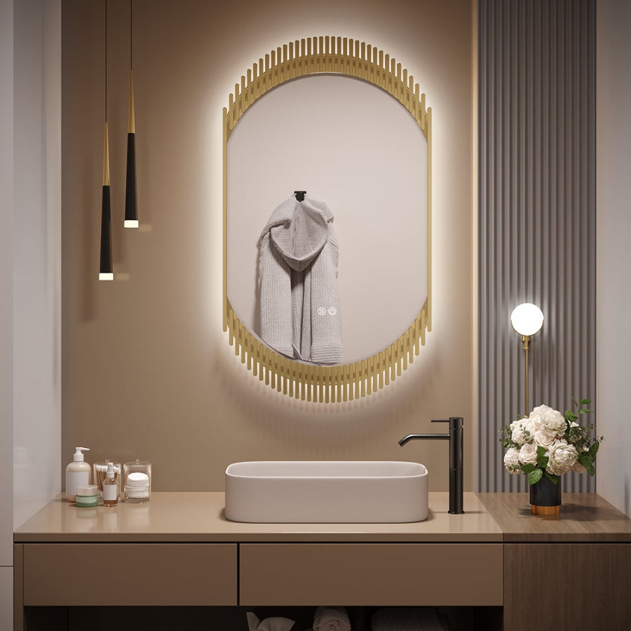 HMR - 20" Oval Decor LED Bathroom Mirror Wall-Mounted Defog in Gold