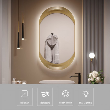 HMR - 20" Oval Decor LED Bathroom Mirror Wall-Mounted Defog in Gold