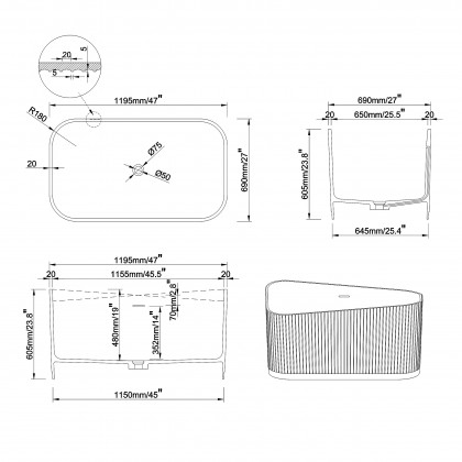 HMR - 47" Modern Novelty Freestanding Stone Resin Soaking Bathtub White 95.1-Gallon Capacity