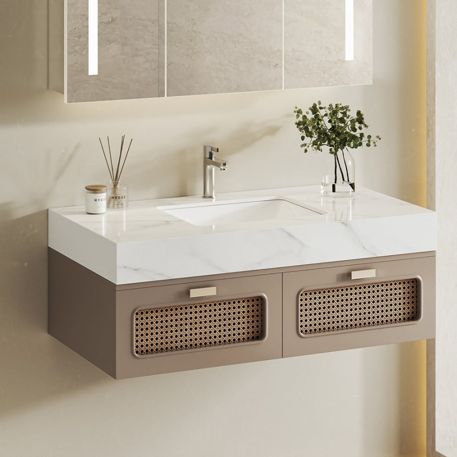 HMR - 35" Floating Single Bathroom Vanity with Faux Marble Top Rattan Door