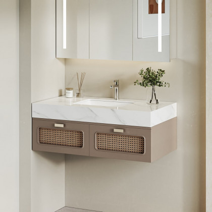 HMR - 35" Floating Single Bathroom Vanity with Faux Marble Top Rattan Door