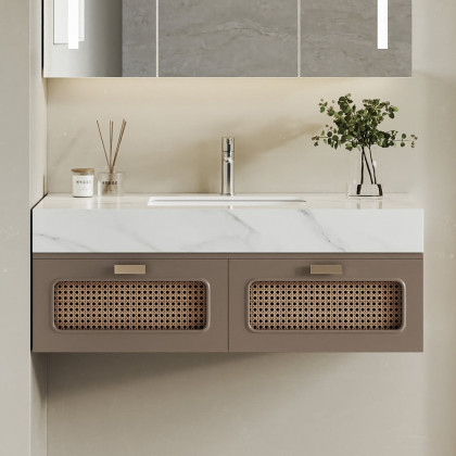 HMR - 35" Floating Single Bathroom Vanity with Faux Marble Top Rattan Door