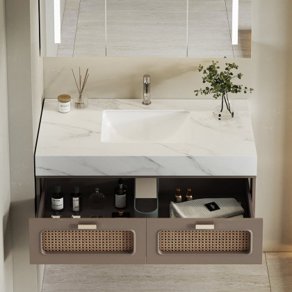 HMR - 35" Floating Single Bathroom Vanity with Faux Marble Top Rattan Door