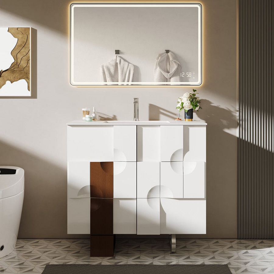 HMR - 35" Freestanding Bathroom Vanity with Ceramics Undermount Sink in White & Walnut