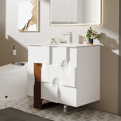 HMR - 35" Freestanding Bathroom Vanity with Ceramics Undermount Sink in White & Walnut