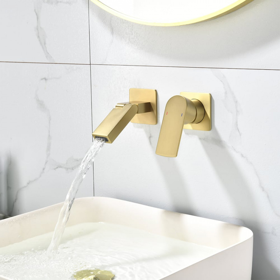 HMR - Brushed Gold Waterfall Bathroom Sink Faucet with Swirling Spout Wall-Mounted Solid Brass