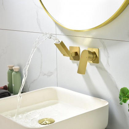 HMR - Brushed Gold Waterfall Bathroom Sink Faucet with Swirling Spout Wall-Mounted Solid Brass