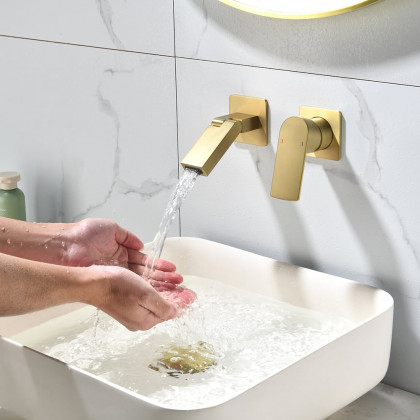 HMR - Brushed Gold Waterfall Bathroom Sink Faucet with Swirling Spout Wall-Mounted Solid Brass