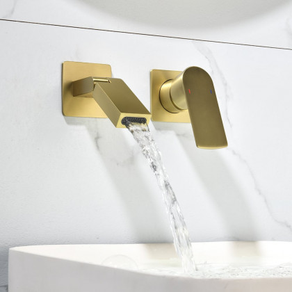 HMR - Brushed Gold Waterfall Bathroom Sink Faucet with Swirling Spout Wall-Mounted Solid Brass