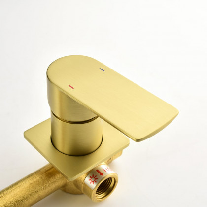 HMR - Brushed Gold Waterfall Bathroom Sink Faucet with Swirling Spout Wall-Mounted Solid Brass