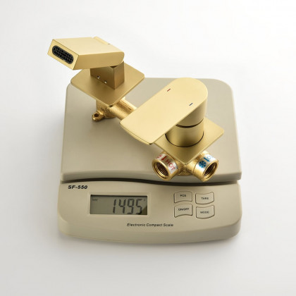 HMR - Brushed Gold Waterfall Bathroom Sink Faucet with Swirling Spout Wall-Mounted Solid Brass