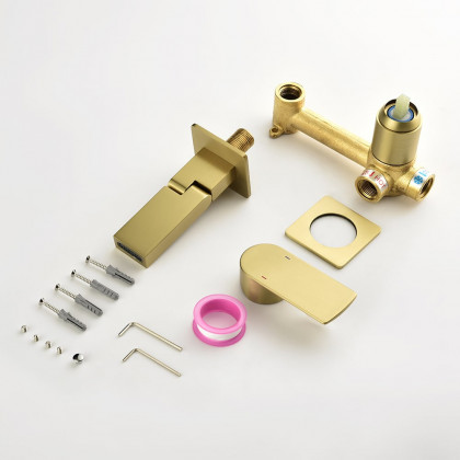 HMR - Brushed Gold Waterfall Bathroom Sink Faucet with Swirling Spout Wall-Mounted Solid Brass