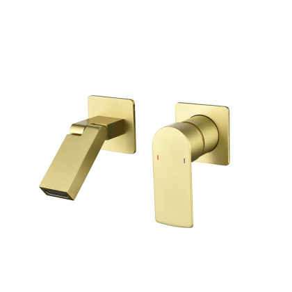 HMR - Brushed Gold Waterfall Bathroom Sink Faucet with Swirling Spout Wall-Mounted Solid Brass