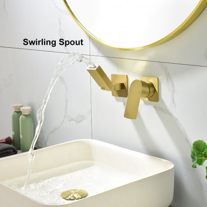 HMR - Brushed Gold Waterfall Bathroom Sink Faucet with Swirling Spout Wall-Mounted Solid Brass
