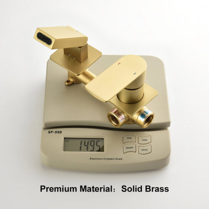 HMR - Brushed Gold Waterfall Bathroom Sink Faucet with Swirling Spout Wall-Mounted Solid Brass