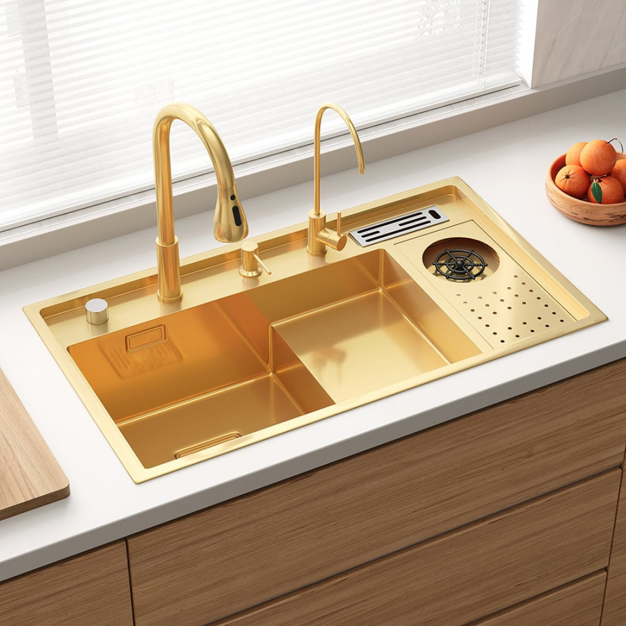 HMR Drop-in Kitchen Sink Workstation With High-pressure Cup Washer Stainless Steel - Gold