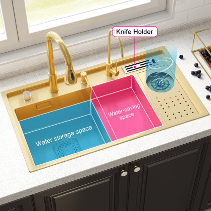 HMR Drop-in Kitchen Sink Workstation With High-pressure Cup Washer Stainless Steel - Gold