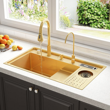 HMR Drop-in Kitchen Sink Workstation With High-pressure Cup Washer Stainless Steel - Gold