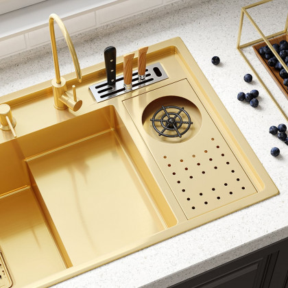 HMR Drop-in Kitchen Sink Workstation With High-pressure Cup Washer Stainless Steel - Gold