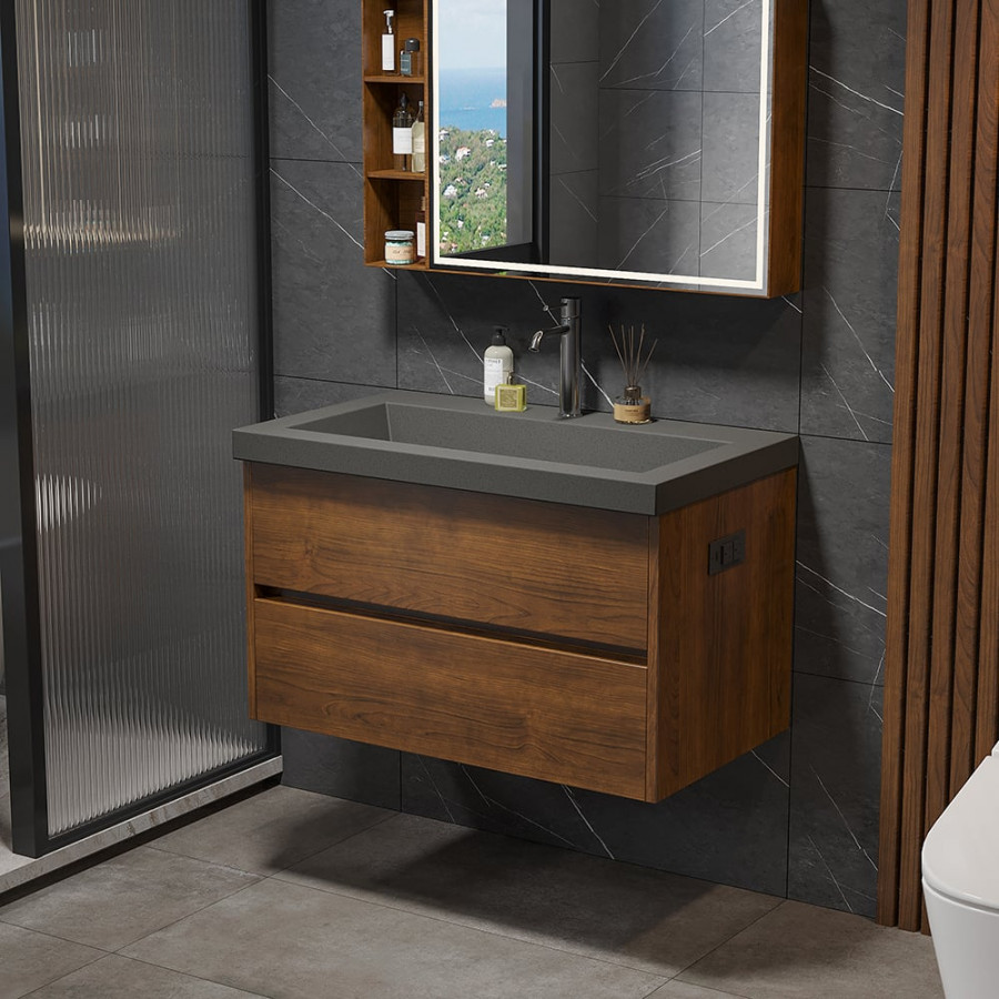 HMR - Bathroom Vanity Set 31.5" Modern Floating Concrete Bathroom Vanity Walnut with Sink