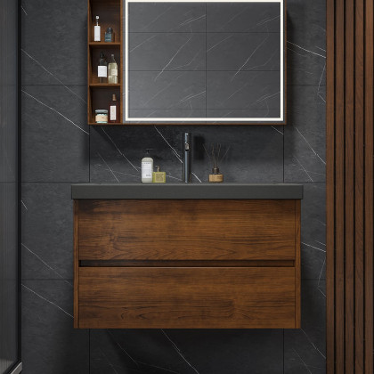 HMR - Bathroom Vanity Set 31.5" Modern Floating Concrete Bathroom Vanity Walnut with Sink