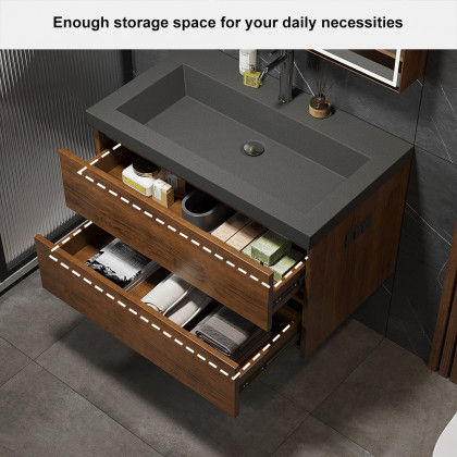 HMR - Bathroom Vanity Set 31.5" Modern Floating Concrete Bathroom Vanity Walnut with Sink