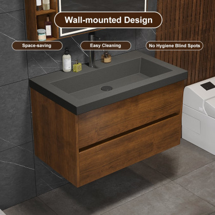 HMR - Bathroom Vanity Set 31.5" Modern Floating Concrete Bathroom Vanity Walnut with Sink