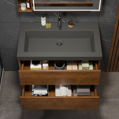 HMR - Bathroom Vanity Set 31.5" Modern Floating Concrete Bathroom Vanity Walnut with Sink