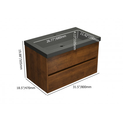 HMR - Bathroom Vanity Set 31.5" Modern Floating Concrete Bathroom Vanity Walnut with Sink