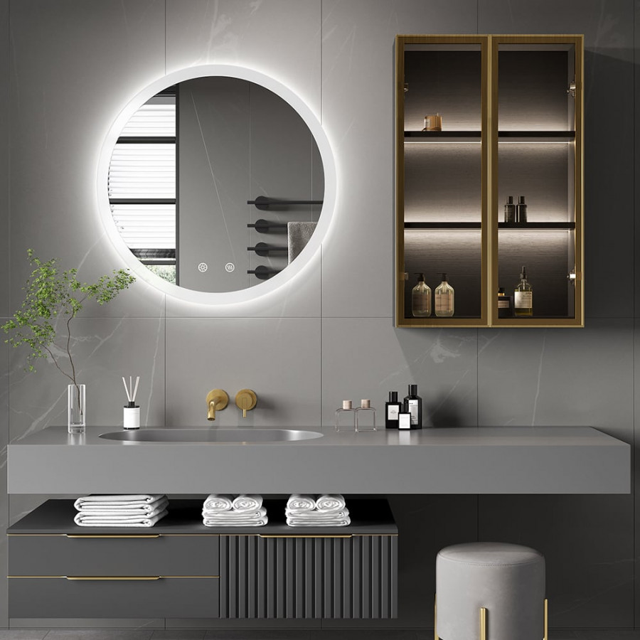 HMR - Black Modern Bathroom Mirror with Side Cabinet & Glass Door Wall-mounted