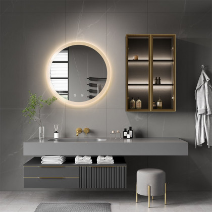 HMR - Black Modern Bathroom Mirror with Side Cabinet & Glass Door Wall-mounted