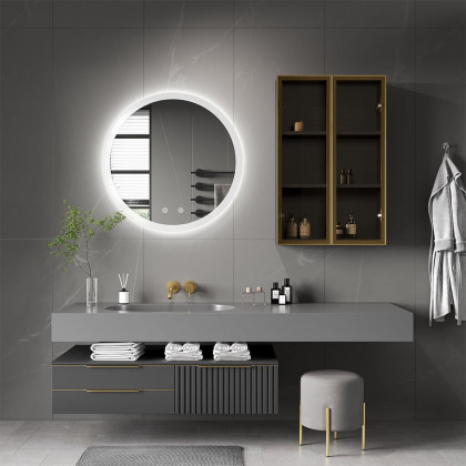 HMR - Black Modern Bathroom Mirror with Side Cabinet & Glass Door Wall-mounted