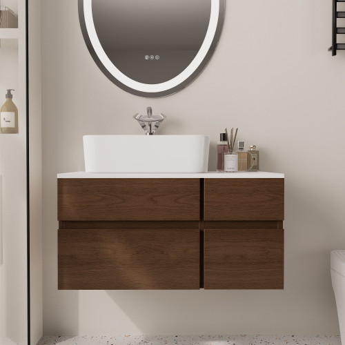 HMR Modern Floating Bathroom Vanity Set with Faux Marble Top & Double Ceramic with Vessel Sink - Walnut, 31.5"