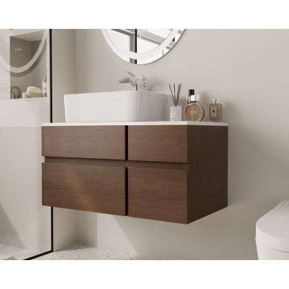 HMR Modern Floating Bathroom Vanity Set with Faux Marble Top & Double Ceramic with Vessel Sink - Walnut, 31.5"