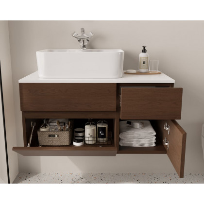 HMR Modern Floating Bathroom Vanity Set with Faux Marble Top & Double Ceramic with Vessel Sink - Walnut, 31.5"