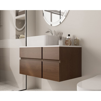 HMR Modern Floating Bathroom Vanity Set with Faux Marble Top & Double Ceramic with Vessel Sink - Walnut, 31.5"