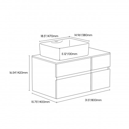 HMR Modern Floating Bathroom Vanity Set with Faux Marble Top & Double Ceramic with Vessel Sink - Walnut, 31.5"
