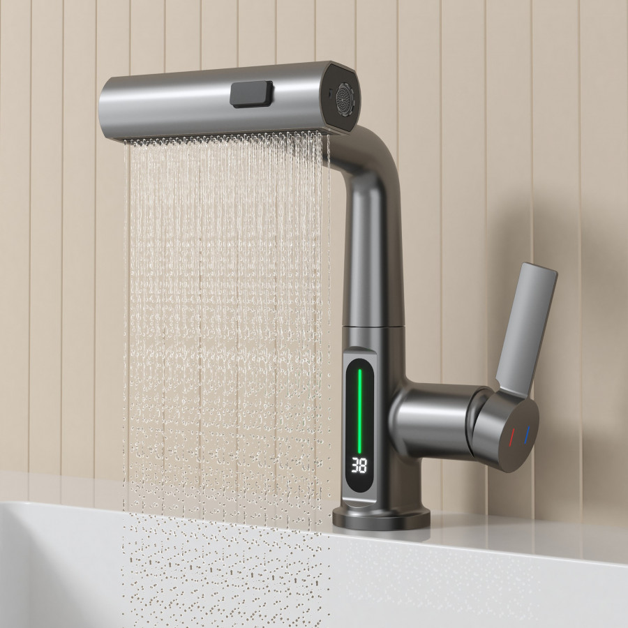 HMR - LED Digital Display Pull-Out Bathroom Faucet with Pull Out Sprayer