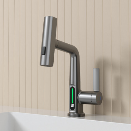 HMR - LED Digital Display Pull-Out Bathroom Faucet with Pull Out Sprayer