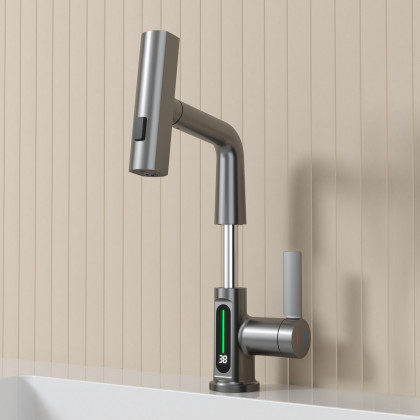 HMR - LED Digital Display Pull-Out Bathroom Faucet with Pull Out Sprayer