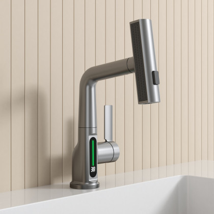HMR - LED Digital Display Pull-Out Bathroom Faucet with Pull Out Sprayer