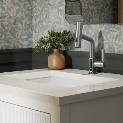 HMR - LED Digital Display Pull-Out Bathroom Faucet with Pull Out Sprayer