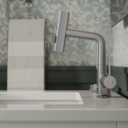 HMR - LED Digital Display Pull-Out Bathroom Faucet with Pull Out Sprayer
